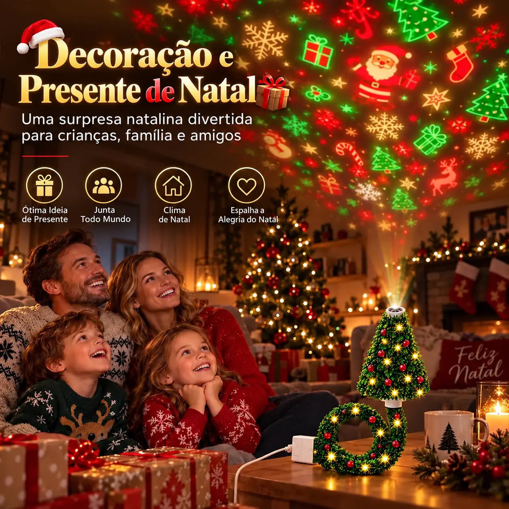 Mini Árvore de Natal com Luz LED - Projeta Papai Noel, Renas, Estrelas e Flocos de Neve!