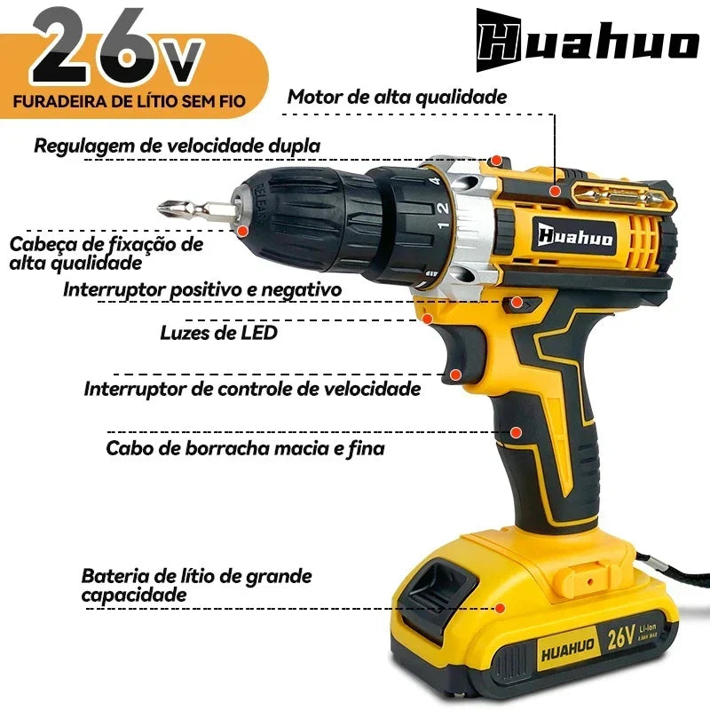Parafusadeira e Furadeira Premium 26V + 2 Bateria de Brinde